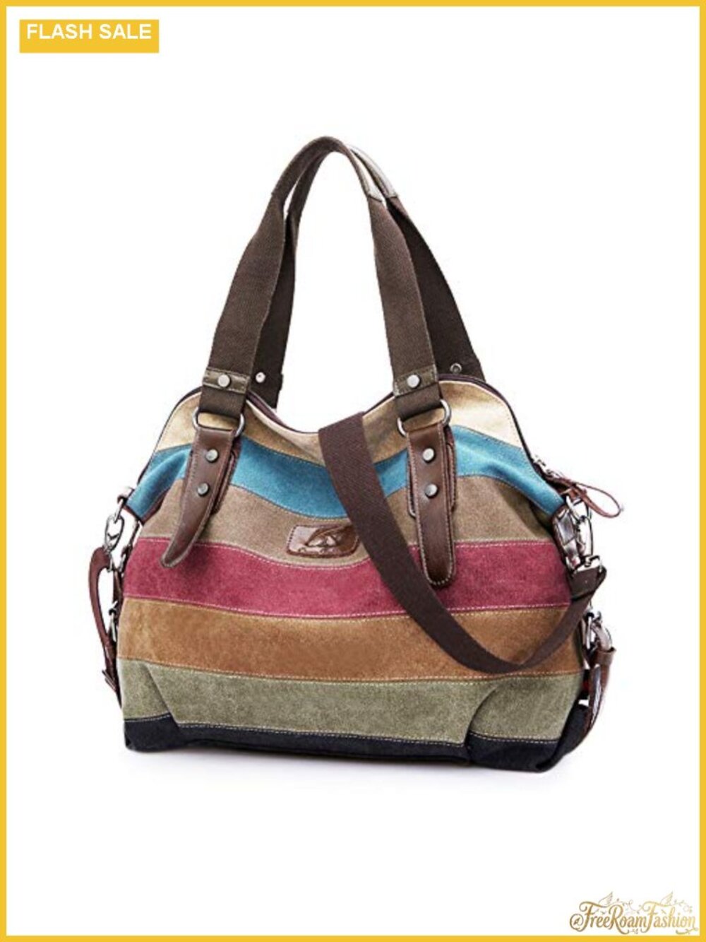 Cotton Canvas Crossbody Shoulder Bag Multi-Color Striped Lattice Handbag Tote